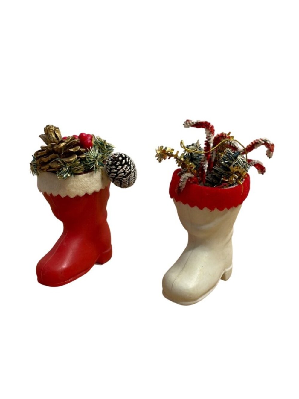 Vtg MCM Jewelbrite Christmas Boot Ornaments Set of 2 Red White Plastic Holiday